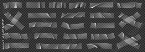 Realistic transparent adhesive tape pieces. Crumpled sticky scotch tape pieces isolated on checkered background. Realistic wrinkled strips and crosses. Duct tapes collection. Vector illustration.