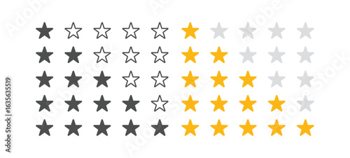 5 star ranking icon set. Five stars review rating vector illustration.  , Product rating or customer review with gold stars  . 