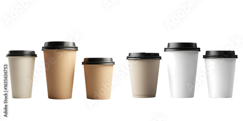 Set of three blank takeout coffee cups in different sizes isolated on a transparent background