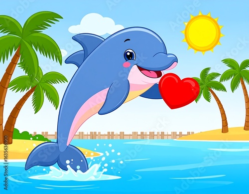 A cheerful dolphin jumps with a heart