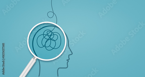 Mental and stress, anxiety mind, disorder, tangled thoughts, magnifying glass focus on mental health awareness, illustration showing tangled thoughts in the brain, symbolizing anxiety or stress