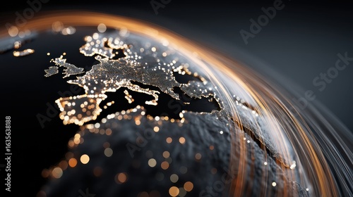 A digital representation of Earth highlighting Europe with glowing lights, showcasing a futuristic view of the planet's surface and atmosphere.