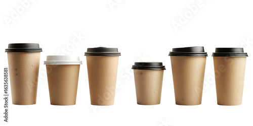 Set of three blank takeout coffee cups in different sizes isolated on a transparent background