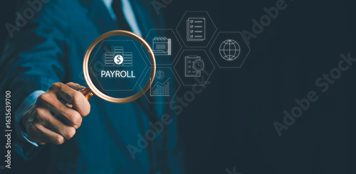 Payroll management and financial processing system. Businessman managing employee salary payments, scheduling, and efficient payroll operations with digital icons on screen.