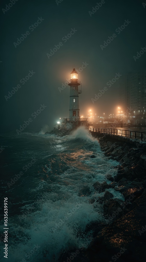 Fototapeta premium Luminous lighthouse, stormy night