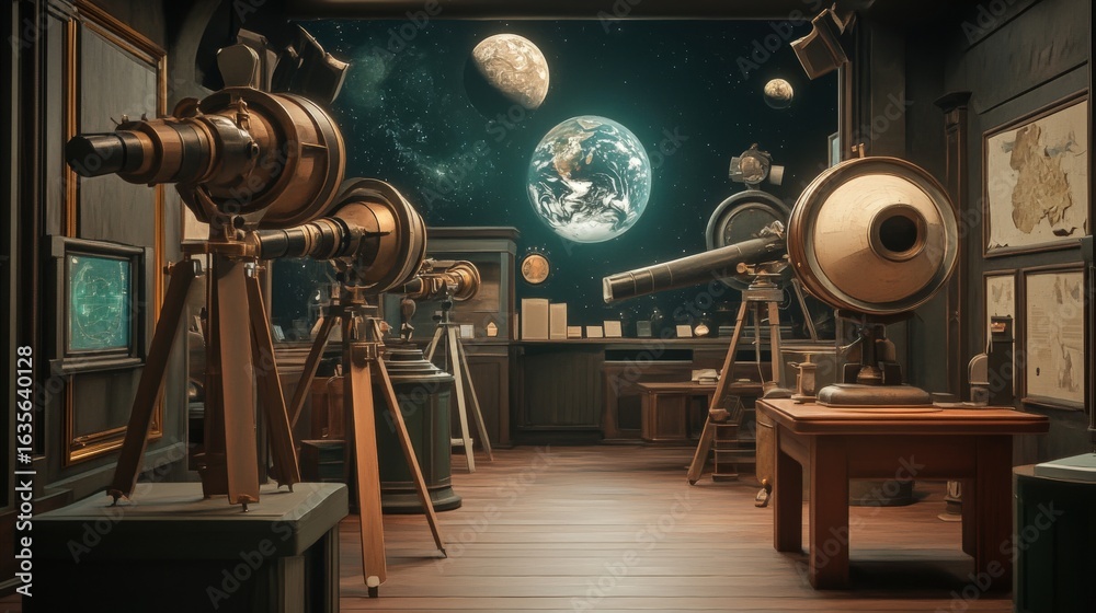 Fototapeta premium Antique telescopes in a historical observatory, showcasing astronomical artifacts.