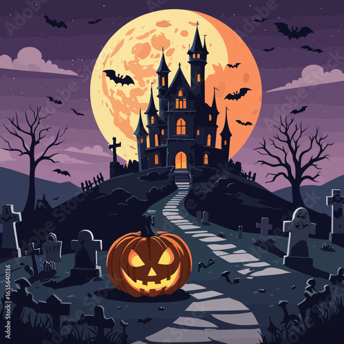 Spooky Halloween Castle, Jack-o'-lantern, Graveyard Scene