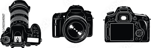 Three dslr cameras shown from different angles in a black silhouette