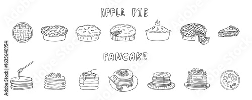Large set of Apple Pie and Pancake. Bakery. Sweet food. Hand drawn. Vector illustration EPS10