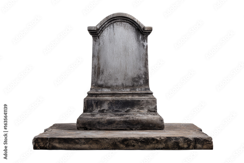 Fototapeta premium A gray stone headstone sits on a white background