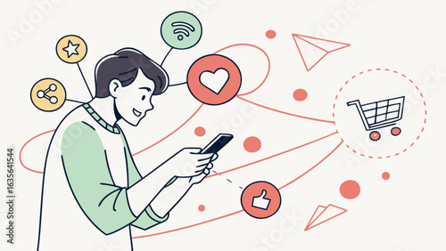 Social media marketing strategy man using smartphone for online shopping and engagement vector illustration