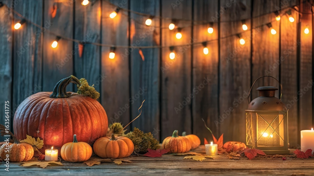 Obraz premium Cozy autumn still life with pumpkin and warm glowing lantern on rustic wooden background, festive fall scene with soft lighting and decorative string lights.