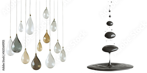 Water droplets suspended in midair isolated on a transparent background