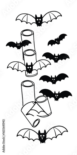 Vector art of bats flying around tubes isolated on white background in a spooky halloween illustration