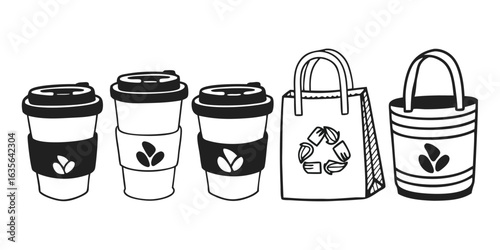Vector art of coffee cups and reusable bags with ecofriendly logos isolated on white background