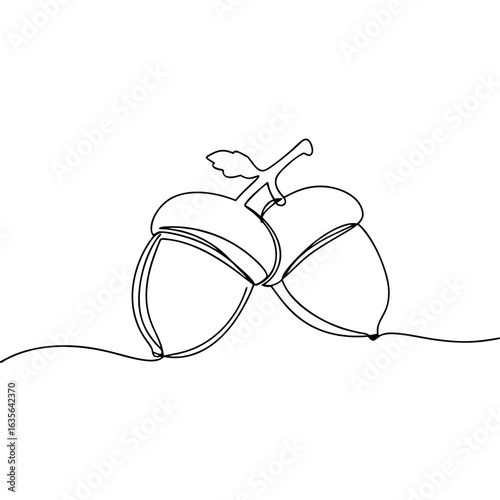 Two acorns in single line art style, minimal black on transparent background