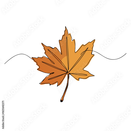 Autumn maple leaf in single line art style with warm orange tones