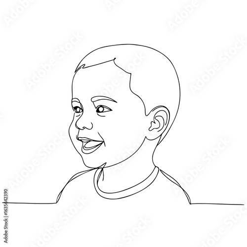 Side profile line art of smiling young boy, minimal black and white outline