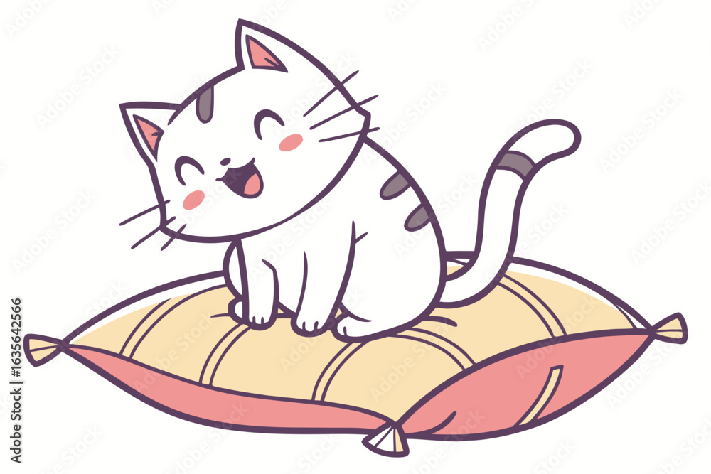 Fototapeta premium Cartoon Cat Sitting on Pink Pillow – Whimsical Animal Illustration with Tassels and Striped Tail