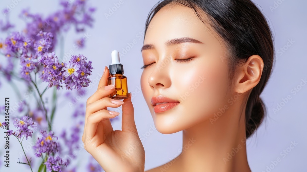 Fototapeta premium A woman holds a small amber bottle of facial serum.