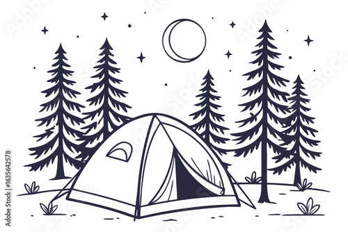 Sanctuary Under Stars – Peace and Discovery in Wilderness, Camping, Forest, Night, Adventure, Minimalist, Illustration