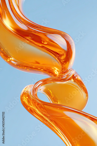 Abstract flowing form with an amber hue against a light blue background, creating a sense of motion.