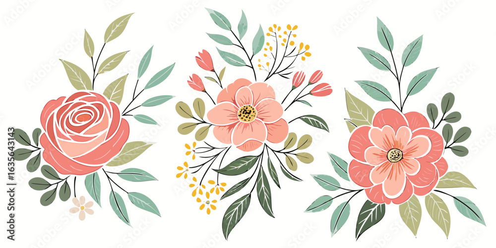 Obraz premium A vibrant vector illustration features a decorative bouquet of blossoming flowers and roses, with intricate floral patterns and leafy elements, perfect for spring or summer designs