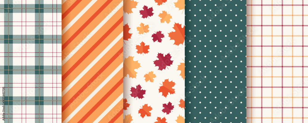 Autumn pattern. Seamless backgrounds with fall leaves, polka dots, check, and zigzag. Set autumnal textures. Seasonal geometric prints. Collection harvest wallpapers. Vector illustration.