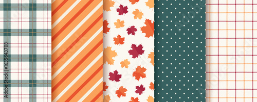 Autumn pattern. Seamless backgrounds with fall leaves, polka dots, check, and zigzag. Set autumnal textures. Seasonal geometric prints. Collection harvest wallpapers. Vector illustration.