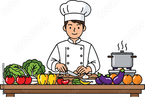 Smiling chef preparing a healthy meal, chopping vegetables on a wooden counter.