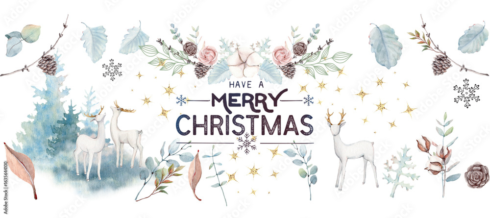 Fototapeta premium Merry Christmas pattern with animals, winters elements, flowers, snowflakes.