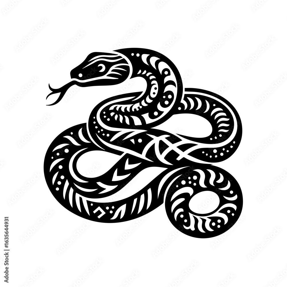 Obraz premium Intricate snake illustration with tribal patterns isolated on white background