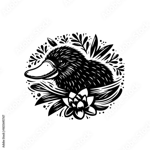 Charming platypus with a duckbill and surrounded by leaves isolated on white background