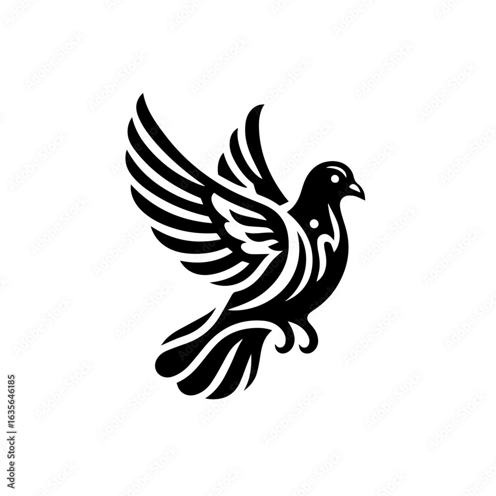 Obraz premium A black and white dove in flight isolated on white background