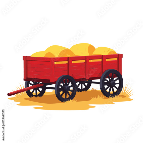 Rustic red hayride wagon loaded with hay bales in sunny fields, tradition