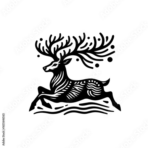 Illustration of a leaping deer with large antlers isolated on white background