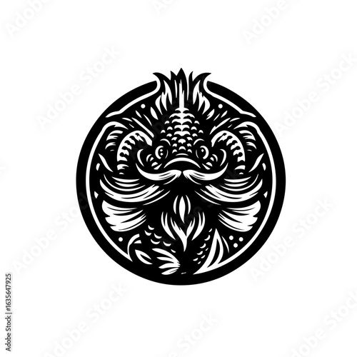 A mythical monster with horns and a beard isolated on white background