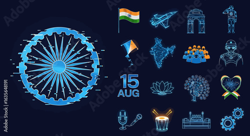 Vector Icons Set of Futuristic Indian Independence Day with Glitched Ashoka Chakra and Neon Icons. Vector Illustrations. EPS Editable