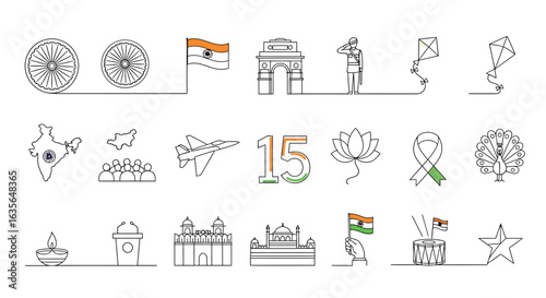 Vector Icons Set of Indias Heritage in a Single Line A Minimalist Icon Set for National Celebration. Vector Illustrations. EPS Editable