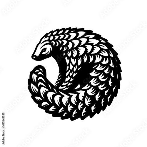Pangolin curled up, isolated on white background, showing its unique scales