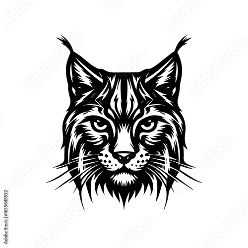 Lynx head portrait in black and white isolated on white background