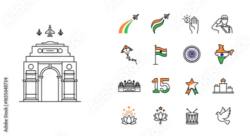 Vector Icons Set of Patriotic Indian Symbols A Modern Line Icon Collection for August 15th. Vector Illustrations. EPS Editable