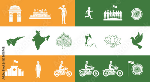 Vector Icons Set of Patriotic Montage of Indian Icons in Stylized Tricolor Bands. Vector Illustrations. EPS Editable