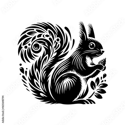 Illustration of a squirrel isolated on white background with decorative tail