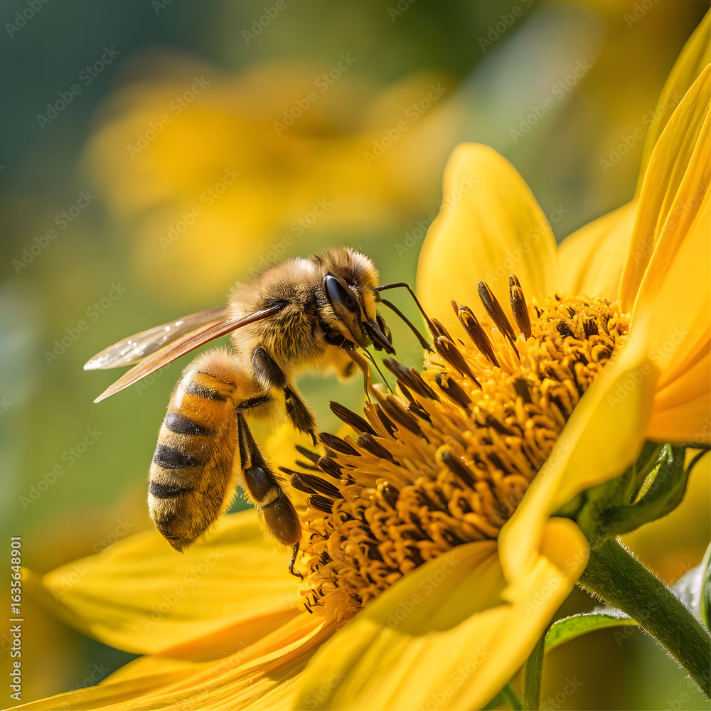 Naklejka premium Honeybee on sunflower with vivid yellow petals in soft morning light