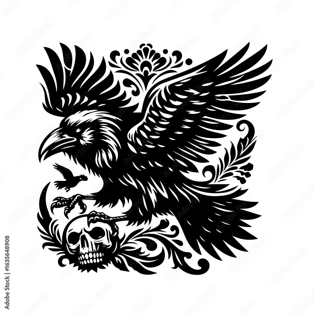 Obraz premium Detailed illustration of a raven isolated on white background, perched on skull