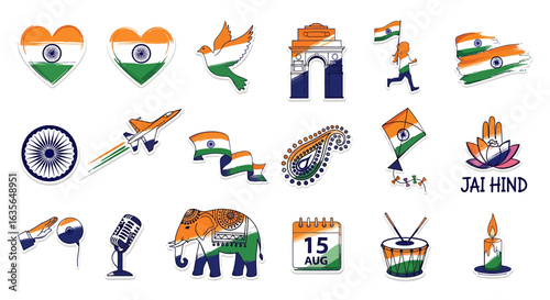 Vector Icons Set of Vibrant Collection of Indian Independence Day Doodle Stickers and Icons. Vector Illustrations. EPS Editable