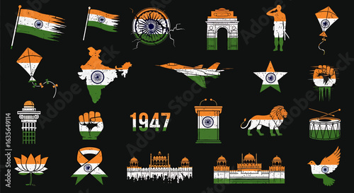 Vector Icons Set of A GrungeTextured Tapestry of Indian Patriotic Symbols in Tricolor Hues. Vector Illustrations. EPS Editable