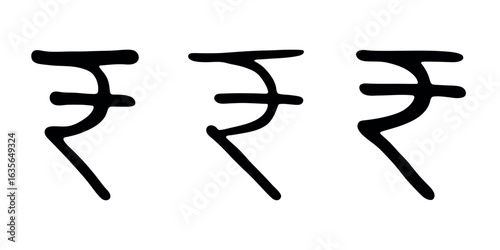 Set of hand drawn rupee currency symbol. Brush stroke doodle. Single element for design