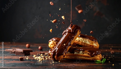Chocolate-glazed éclairs hovering mid-air with nuts and chocolate